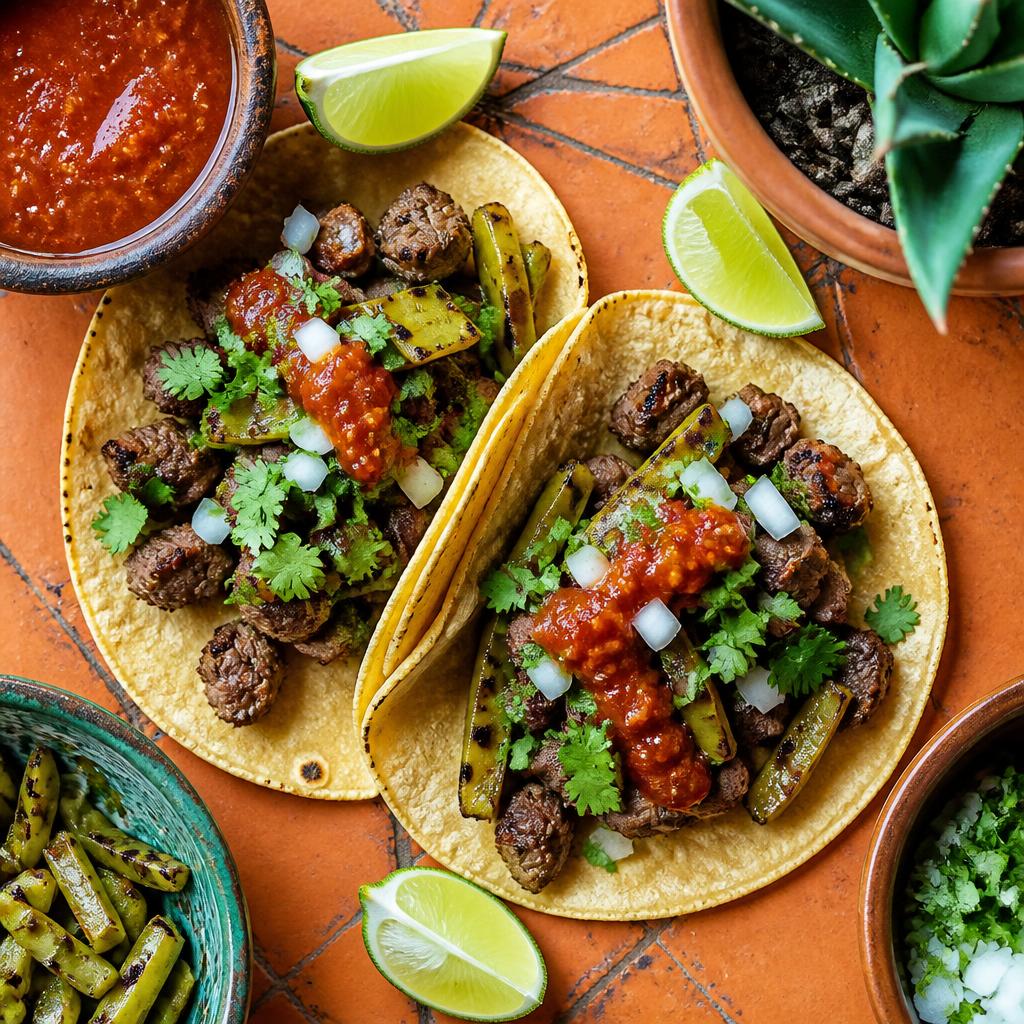 Carne asada tacos with salsa, nopales, and lime